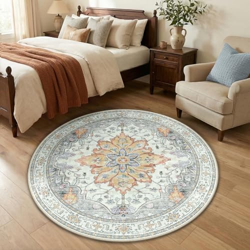 RELEANY Washable Area Rug, Round 4ft, Beige/Carbon Grey/Orange by RELEANY