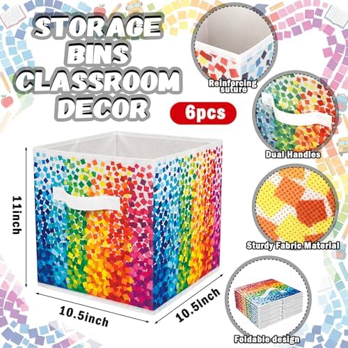 Chunful 6 Pcs 11" Fabric Cube Storage Bin Rainbow Multicolor Dots - Image 2