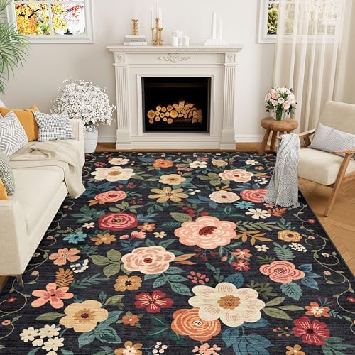 DUKINO 5x8 Area Rug for Bedroom, Soft Floral Washable Rug Non Slip, Black by DUKINO