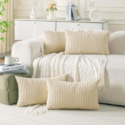 Set of 4 Beige Decorative Throw Pillow Covers 12x20 Inch Corduroy Pillow Covers for Bed Couch Sofa Living Room Soft Cushion Cases by Cozoomy