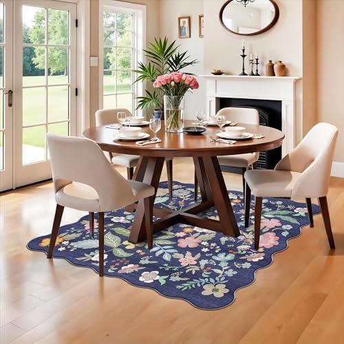 Floral Square Area Rug for Family: Washable 5x5 Scalloped Carpet for Living Room Bedroom Soft Water Resistant Floor Mat with Non Slip Backing for Kitchen Nursery Dorms Farmhouse Home Decor(5x5,Purple) - Image 5