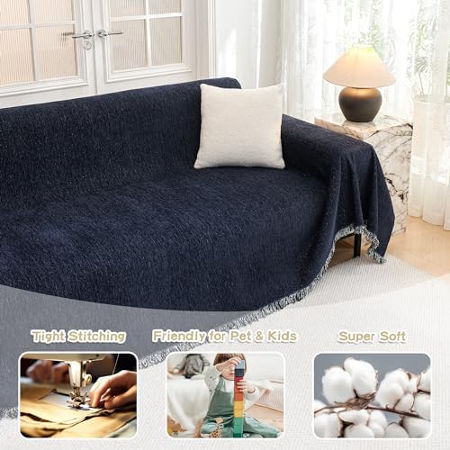 MYSKY HOME Couch Covers - Sectional Couch Covers for Pet Sofa, Non Slip Soft Couch Cover, Washable Furniture Protector with Tassel Sofa Throws, Living Room, 91"x118", Navy Blue - Image 2