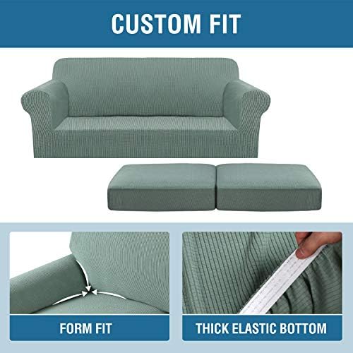 H.VERSAILTEX 3 Piece Stretch Sofa Covers for 2 Cushion Sofa Couch Covers for Living Room Sofa Slipcovers (Base Cover Plus 2 Seat Cushion Covers) Thicker Jacquard Fabric(Large Sofa, Sage) - Image 4