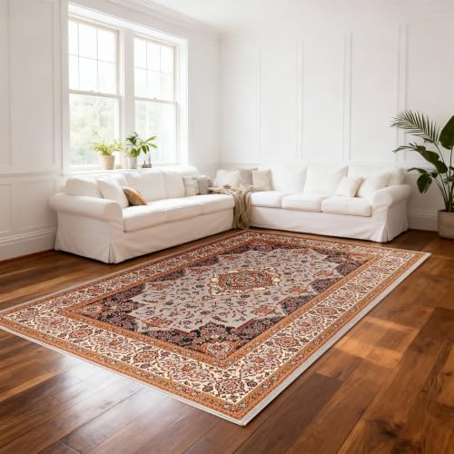 Hanples 4x6 Area Rugs for Living Room, Washable Rug Vintage Floral, Orange - Image 3