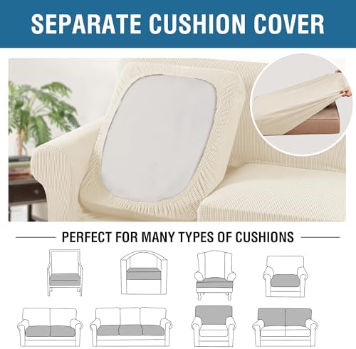 H.VERSAILTEX 4 Piece Stretch Sofa Covers for 3 Cushion Couch Covers for Living Room Furniture (Base Cover Plus 3 Seat Cushion Covers) Upgraded Thicker Jacquard Fabric (Sofa, Cream) - Image 5