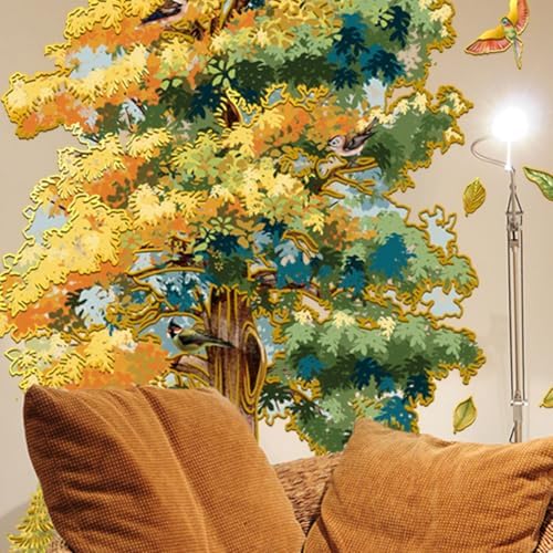 Golden Fall Tree Wall Stickers - Lush Gradient Tree Birds Falling Leaves Peel & Stick Removable Waterproof Wall Decals for Living Room Bedroom,88 cm x 106 cm - Image 5