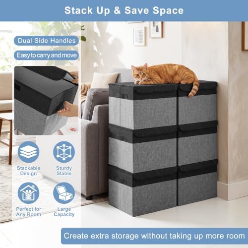 Large 17" 42 Quarts Collapsible Stackable Storage Bins with Lids [3-Pack] Foldable Fabric Linen Storage Boxes Cube, Closet Organizer Baskets with Label for Home (16.7 x 12 x 12", Black & Gray) - Image 5