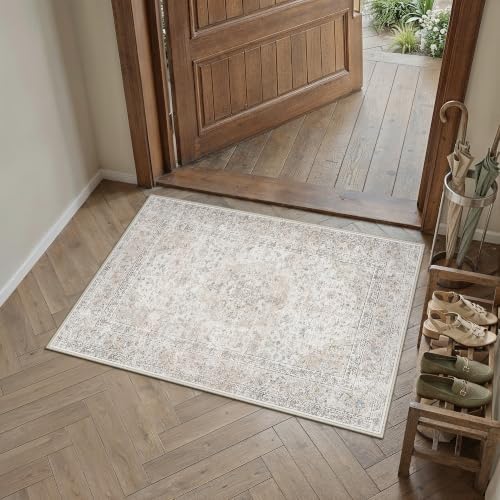 2x3 Washable Area Rug Beige Grey Non Slip Vintage Carpet by WondRg