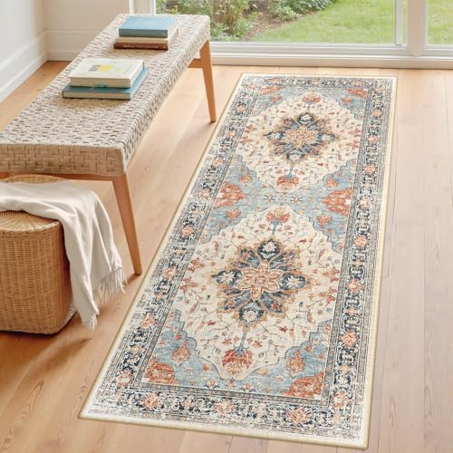 RELEANY Washable Area Rug, Runner 3'x7', Beige/Blue/Orange - Image 3