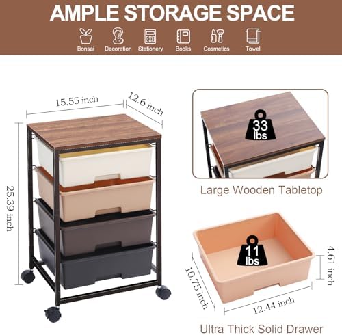 SYKIARIOL Utility Cart with 4 Drawers, Brown - Image 3