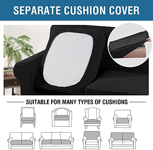 H.VERSAILTEX 3 Piece Stretch Sofa Covers for 2 Cushion Loveseat Couch Covers for Living Room Furniture Cover (Base Cover Plus 2 Seat Cushion Covers) Thicker Jacquard Fabric(Medium Sofa, Black) - Image 5