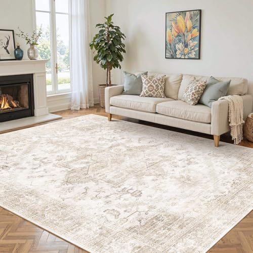 Ivory Cream Rugs, 5x7 Washable Rugs for Living Room, Neutral Beige Carpet by Rugxara