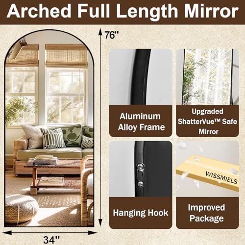 Full Body Mirrors Arched Large Full Length Mirror with Stand Aluminum Wall Mounted Hanging or Leaning Standing Mirrors (Black, 34"x76") - Image 4