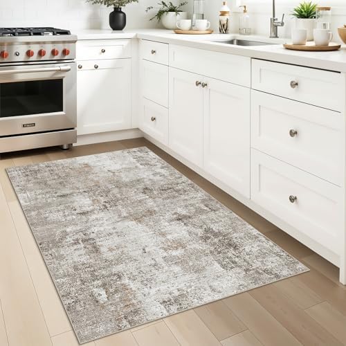 3x4 Washable Entryway Area Rug - Non-Slip Modern Small Indoor Mat for Bathroom,Living Room,Bedroom - Abstract Neutral Soft Low-Pile Throw Carpet with Rubber Backing (Beige Grey) - Image 3