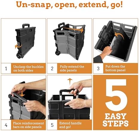Inspired Living Ultra-Slim Rolling Collapsible Storage Pack-N-Roll Utility-carts, with Telescopic Handle, for Home, Garden, Shopping, Office, School use, Large, Grey & Black - Image 6