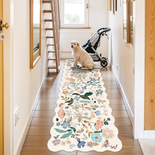 2x10 Washable Hallway Runner Rug: Long Floral Scalloped Soft Runners for Kitchen Entry Thin Non Slip Bathroom Nursery Floor Mat Water Resistant Low Pile 10ft Carpet for Living Room Bedroom(2x10,Cream) - Image 2