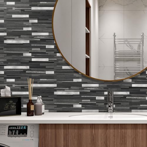 STICKGOO 20 Sheets Peel and Stick Backsplash Tile, Stick on Backsplash for Kitchen and Bathroom, Black Grey Wood Look PVC Mixed Metal Silver Self Adhesive Wall Tiles - Image 2