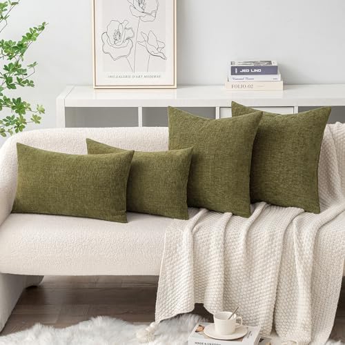 MIULEE Soft Chenille Throw Pillow Covers Olive Green 20x20 Inch Pack of 2 - Image 4