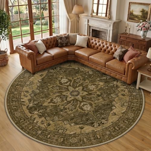 RELEANY Washable Area Rug, Round 10ft, Brown/Dark Brown by RELEANY