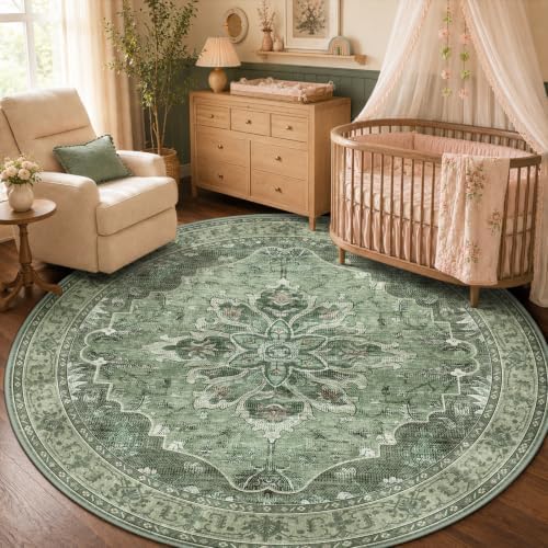 RELEANY Washable Area Rug, Round 5ft, Green/Dark Green/Gray by RELEANY