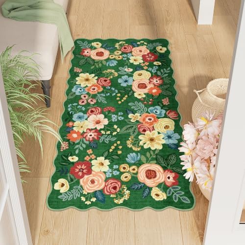 DUKINO 2x4 Rug for Entryway, Floral Washable Kitchen Rugs, Dark Green by DUKINO