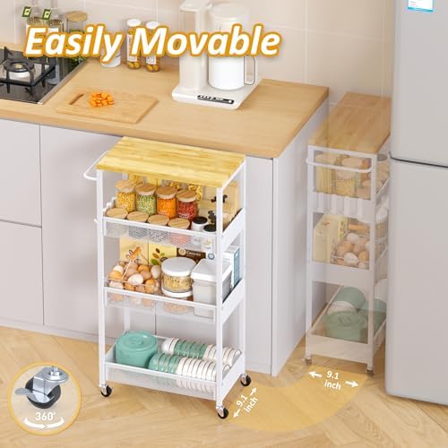 Vincona 9.1" Wide Slim Rolling Utility Cart, 4 Tier Metal Narrow Storage Cart with Handle and Wood Top, Multifunctional Small Mobile Shelf Unit Organizer Trolley for Laundry, Bathroom, Kitchen - Image 3