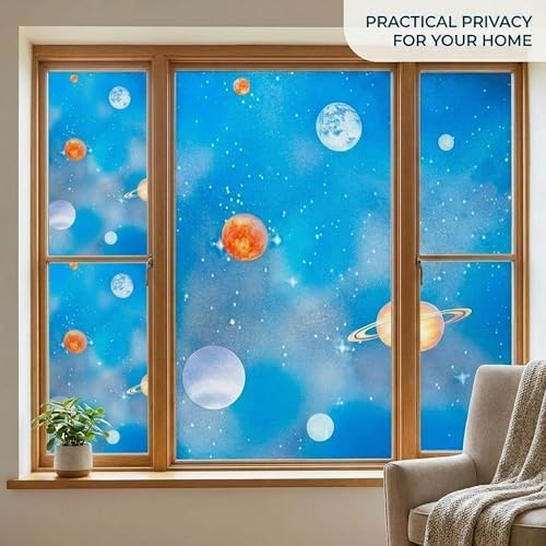 Blue Window Privacy Film Stained Glass Door Film Decorative Galaxy Planet Static Cling UV Blocking Non-Adhesive Covering Stickers Tints for Kids Bedroom,35 inches by 78.7 inches - Image 6