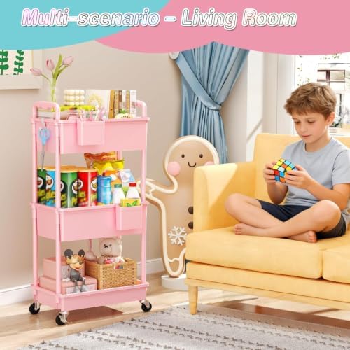 SUNALLY Baby Diaper Caddy Cart, 3 Tier Rolling Diaper Cart for Nursery,Pink - Image 6
