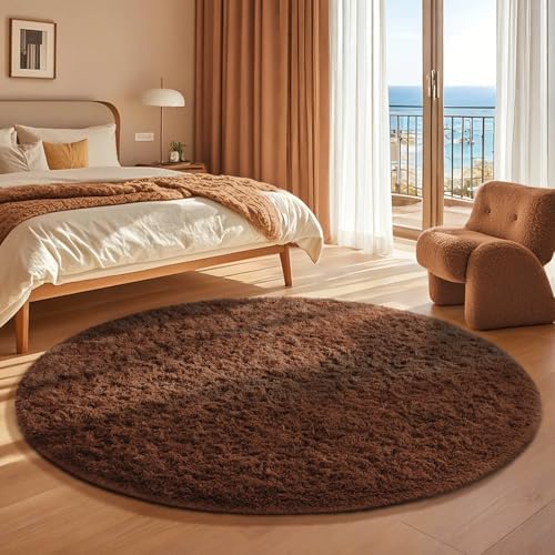 Ophanie Round Rug 4Ft Brown Circle Area Rug, Fluffy Fuzzy Small Bedroom Carpet, Plush Soft Shaggy Floor Living Room Circular Decor for Kids Boys Girls Home Aesthetic, Nursery with 99 pcs Pile fibers - Image 5