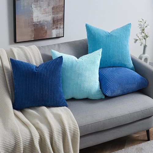 Topfinel Blue Decorative Throw Pillow Covers 16x16 Inch Set of 4,Soft Accent Corduroy Striped Gradient Color Small Cushion Cover for Beach,Patio,Balcony,Couch Living Room,Summer Home Decor - Image 3