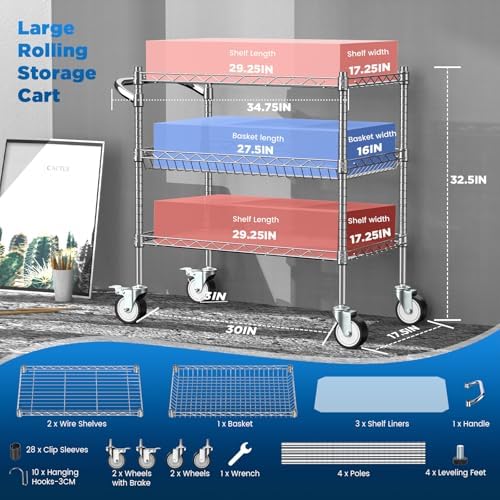 Leteuke 3 Tier Rolling Carts with Wheels, Heavy Duty Rolling Utility Cart - Image 4