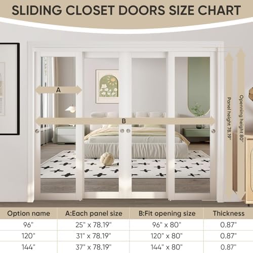 JUBEST 96" x 80" Mirror Closet Door, Preassembled One Side Mirror Door with Hardware Kit & Matching Fascia, Solid Wood Frame with Water-Proof PVC Surface, Easy to Install, White - Image 4