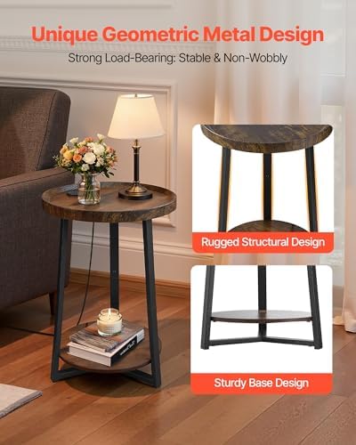 VEVOR Round Side Table with Charging Station, 15.7" Metal Round End Table with Storage Shelves, 4.9ft Power Cord, Modern Nightstand for Bedroom, Living Room, Office – Brown - Image 7
