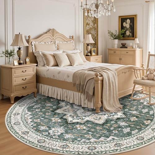 Round Area Rug for Living Room: 6ft Boho Washable Rug Green Ivory - Image 4