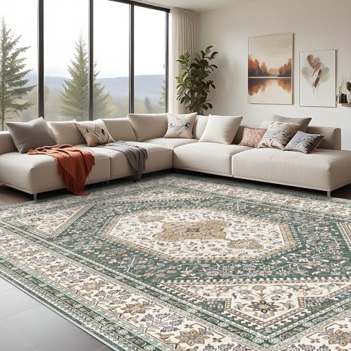 10x14 Washable Area Rug for Living Room - Non-Slip Vintage Rugs Green Beige by Puino