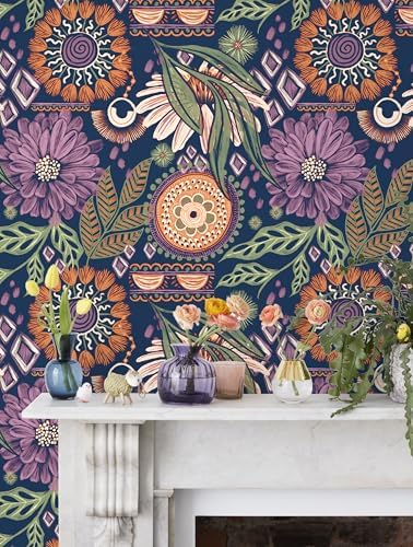 HAOKHOME Peel and Stick Wallpaper Boho Navy Purple Terracotta Retro Floral | Renter Friendly Removable Textured Vintage Moody Botanical Wall Paper for Bathroom Bedroom Accent Wall Decor 17.3in x 9.8ft - Image 5