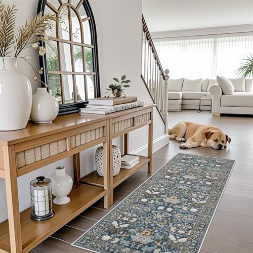 Washable Vintage 2x6 Bathroom Rugs: Soft Carpet with Non-Slip Backing for Hallway Entryway Kitchen Stain-Resistant Bedroom Floor Mat – Gifts for Newlyweds/Household Home Decor (2x6,Floral/Blue) - Image 2