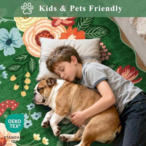 DUKINO 3x5 Area Rugs, Non Slip Floral Washable Rug for Bedroom, Dark Green - Image 4