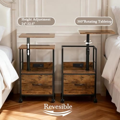 Faesun Swivel Lift Top Nightstand with Charging Station, Rolling Side Table for Recliner, Bedside Table with Wheels & a Fabric Drawer, for Small Spaces, for Bedroom, Living Room, Brown - Image 3