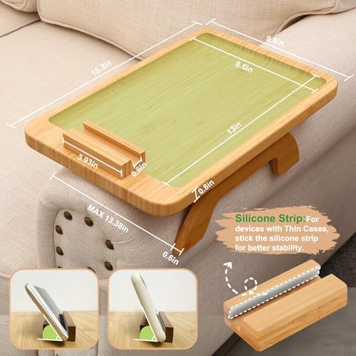 SINWANT Couch Arm Tray,Bamboo Sofa Clip on Side Table,Foldable Couch Armrest Table with 360°Rotating Phone Holder,Anti Slip Food Trays for Eating/Drinks/Snacks/Remotes 15.35" x 9.85" - Image 6