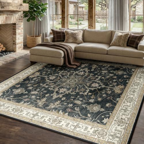 RELEANY Washable Area Rug, Square 8'x8', Black/Vintage/Beige - Image 2
