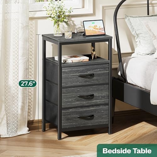 Huuger Nightstand with Charging Station, 27.6 Inch Bedside Table,Side Table - Image 3