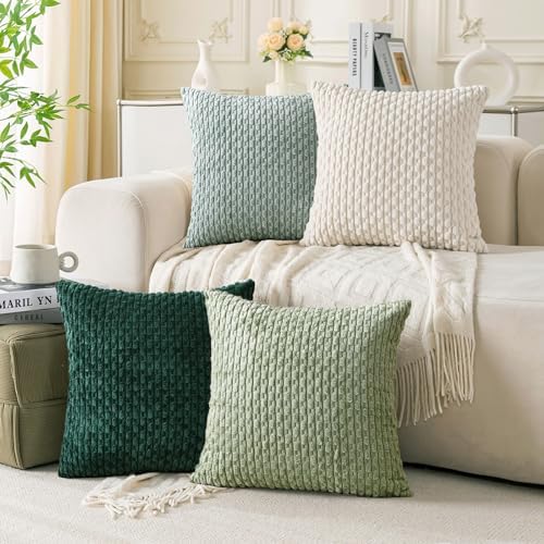 Set of 4 Sage Forest Green Decorative Throw Pillow Covers 18x18 Inch Corduroy Pillow Covers for Bed Couch Sofa Living Room Soft Square Cushion Cases by Cozoomy