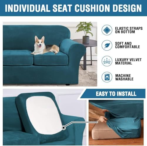 H.VERSAILTEX High Stretch Sofa Slipcover 4 Piece Cover Velvet Furniture Protector Form Fit Thick Velvet Extra Large Sofa Cover for 3 Cushion Couch Width Up to 97 Inch (Large Sofa, Deep Teal) - Image 6