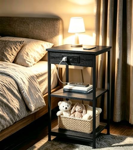 WLIVE Black End Table with Charging Station, Slim Night Stand with 3 Storage Shelves, Small Side Tables for Small Spaces, Bedside Tables for Living Room, Bedroom - Image 4