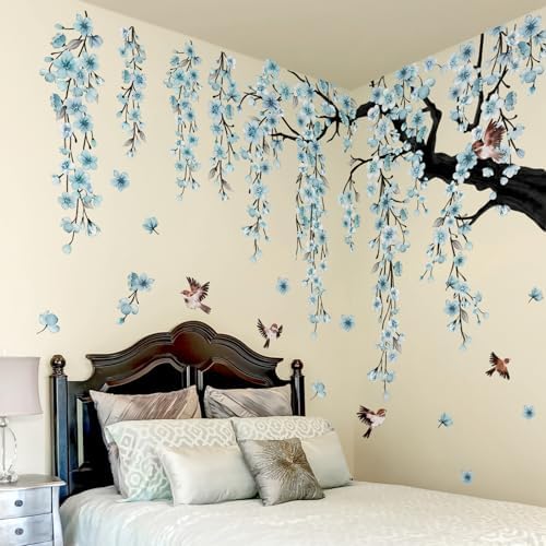Cherry Blossom Tree Wall Decals with Birds, Large Removable Peel and Stick Flower Wall Stickers for Girls Room, Bedroom, Living Room Decor, 61.81 x 50.39 Inch, 4 Sheets (Blue) - Image 4