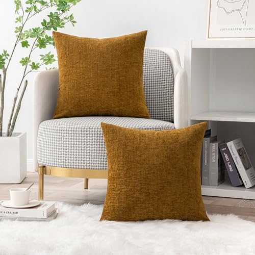 MIULEE Soft Chenille Throw Pillow Covers Mustard 18x18 Inch Pack of 2 - Image 5