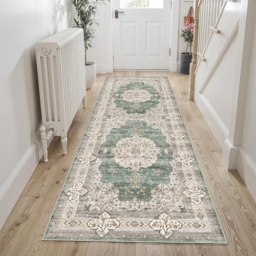 2x6 Runner Rug Washable Vintage: Non Slip Long Kitchen Runners Green/Beige by Ksrau