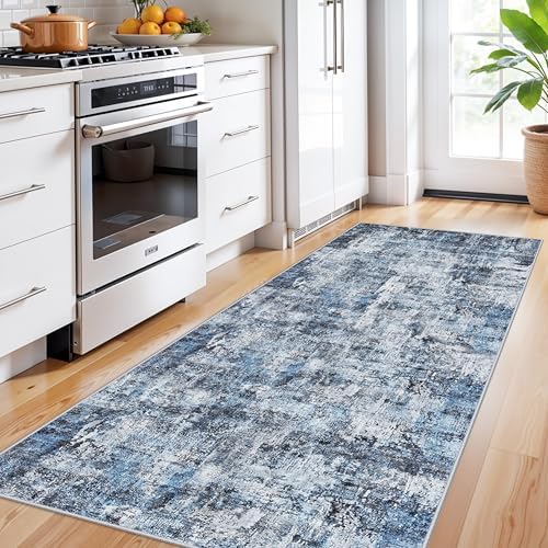 3x7 Washable Non-Slip Kitchen Runner Rug – Modern Abstract Neutral Carpet for Hallway, Entryway, Bedroom, Laundry Room – Low-Pile Thin Wide Floor Runner with Rubber Backing（Blue） - Image 2
