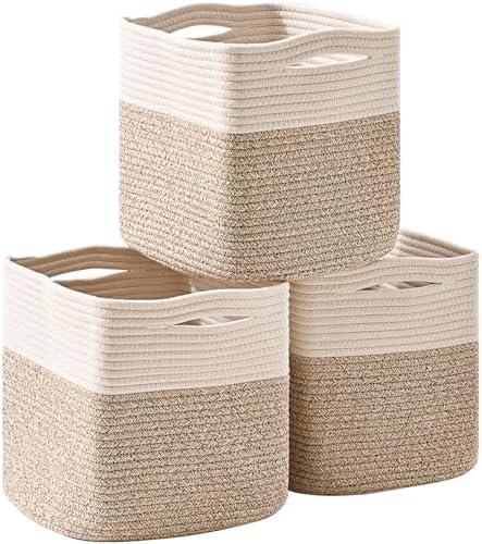 ICERZCZ 13 Inch Cube Closet Storage Bins, Woven Cotton Rope Organizer Baskets for Organizing & Shelves, Books, Towels, Clothes, Toys, 13x13x13 in, Off White & Brown (Pack of 3) by ICERZCZ